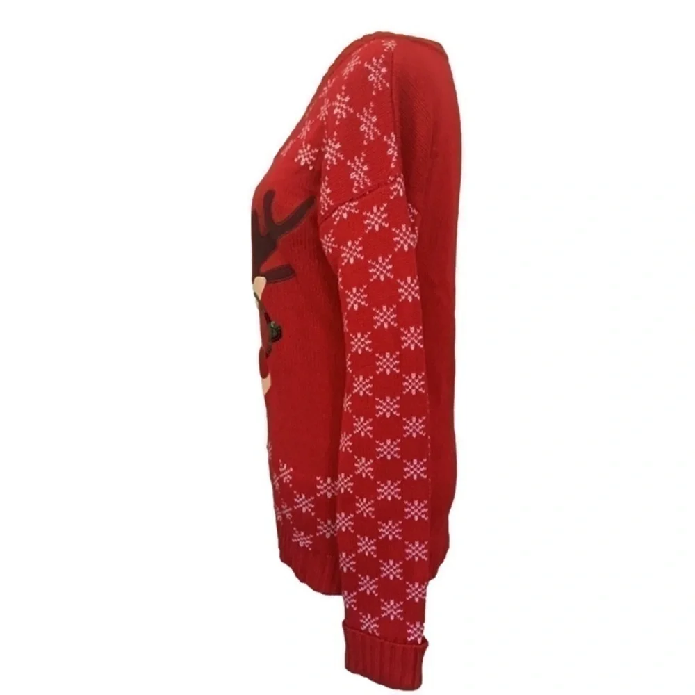 Tiara International Reindeer w/ Sequin Glasses Christmas Knit Red Sweater - Picture 5 of 9